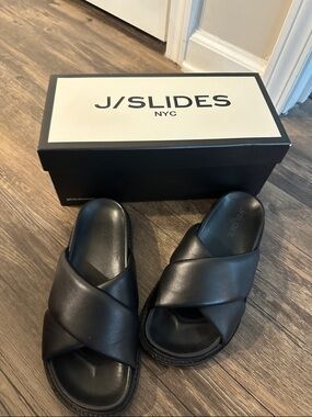 J/Slides Black Crisscross Slide Sandals with Padded Straps